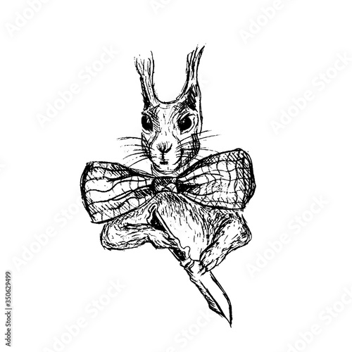 Pen&Ink handdrawn black and white squirrel with a knife. Vector illustration