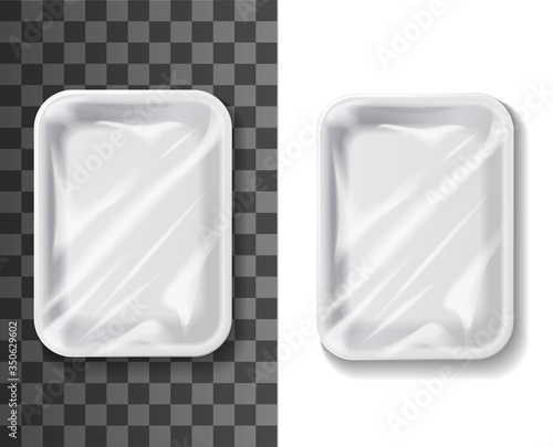 Realistic food package vector mockup. Isolated 3d foil, paper or plastic container wrapped in cellophane top view. Food box, blank white rectangular pack for meat product, packaging mockup