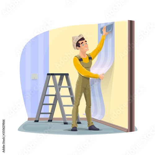 Worker gluing a wallpaper, home renovation. Wallpaper stickman wallpaper on wall with scraper in apartment. Remodeling and repair apartment, construction industry
