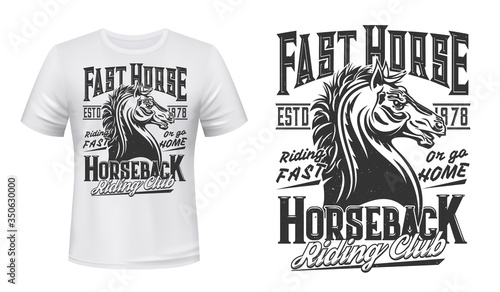 Stallion horse t-shirt print mockup. Equestrian sports, horseback riding club apparel vector template. Strong and fast, thoroughbred stallion horse head with ruffled mane and lettering