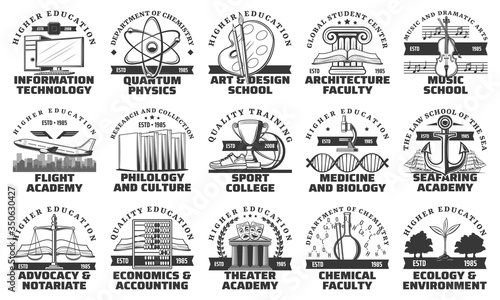 University, college and academy education vector icons. Higher school educational monochrome isolated symbols, information technology, arts and design, architecture and flight academy, music school