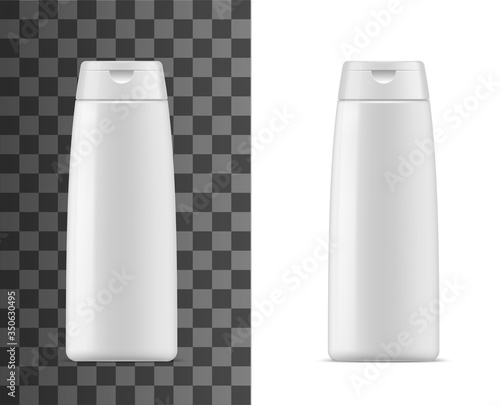 Shampoo bottle mockup, isolated 3d vector cosmetic plastic container. Realistic blank package for hair care, beauty product tube with flip-top lid. White shampoo, lotion or conditioner bottle mock up