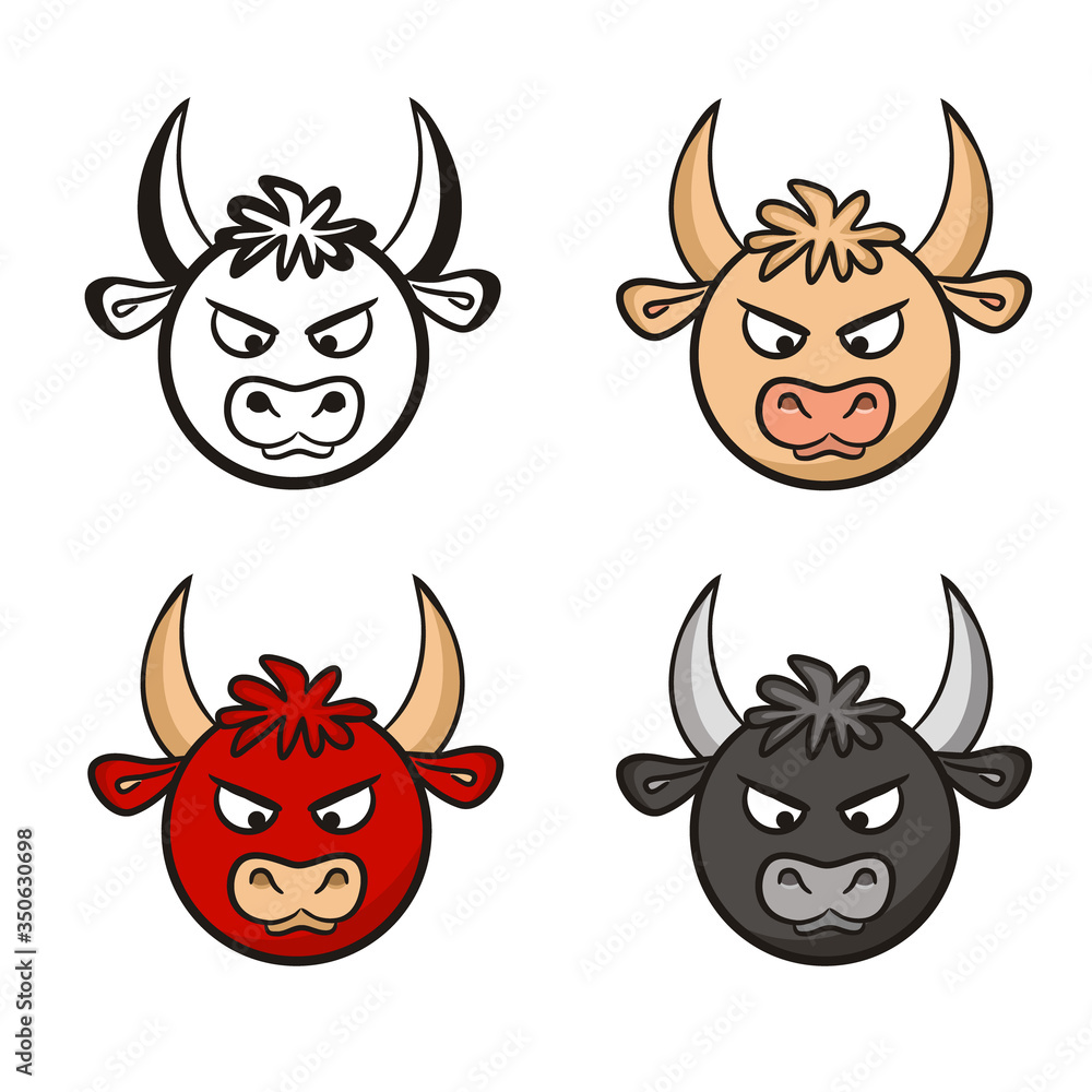 Set of hand-drawn evil bull icons. Black and white and color picture of a bull isolated on a white background. Vector illustration on the theme of anger, year of the bull, 2021 and nature. Set of hand-drawn evil bull icons. Black and white and color picture of a bull isolated on a white background. Vector illustration on the theme of anger, year of the bull, 2021 and nature.