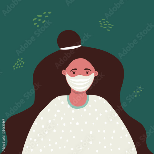 Flat cartoon vector illustration of a female face in a protective medical mask. The concept of wearing a protective mask to prevent the spread of infection.