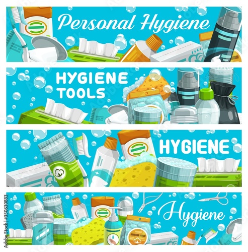 Personal hygiene tools, vector. Facial, body, hair care and oral hygiene product banners. Toothbrush, toothpaste, shampoo and deodorant, cotton swabs, wipes and sanitary napkins, shaving foam