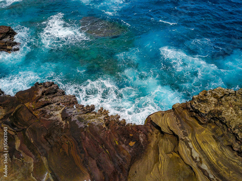 Aerial View from drone of Kahauloa Cove on the Island of Oahu Hawaii