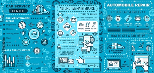 Car maintenance, repair service vector infographics. Car engine repair, diagnostics and maintenance graphs and charts. Wheel tyre, spark plugs and motor oil, battery, pistons, wrench and spanner fix
