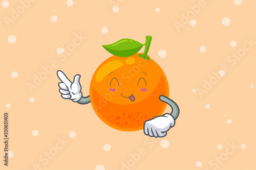 YUM, TONGUE, Face. Forefinger, pointed at Gesture. Orange Citrus Fruit Cartoon Mascot Illustration.