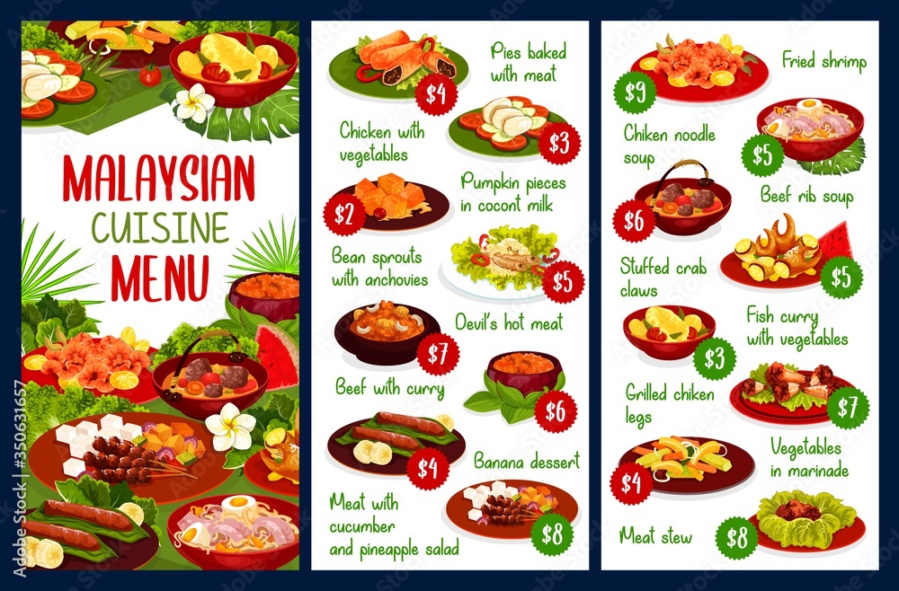 Malaysian cuisine restaurant menu vector template. Asian cuisine meals with beef, chicken meat, fish and seafood, fruit dessert, marinaded and stewed vegetables, devil curry. Malaysian meals menu