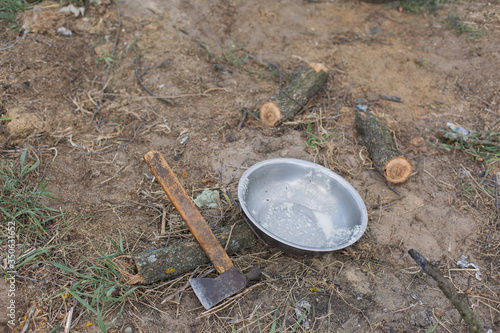 preparing for a picnic. bowl, the axe and the wood on the ground