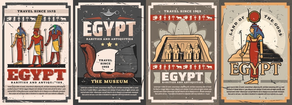 Egyptian gods, travel landmarks and culture vector posters. Isis, Amun, Hathor and Thoth deities, cobra snake, Abu Simbel temple and Djoser Pyramid. Egyptian antique civilization. Travel to Egypt - obrazy, fototapety, plakaty 