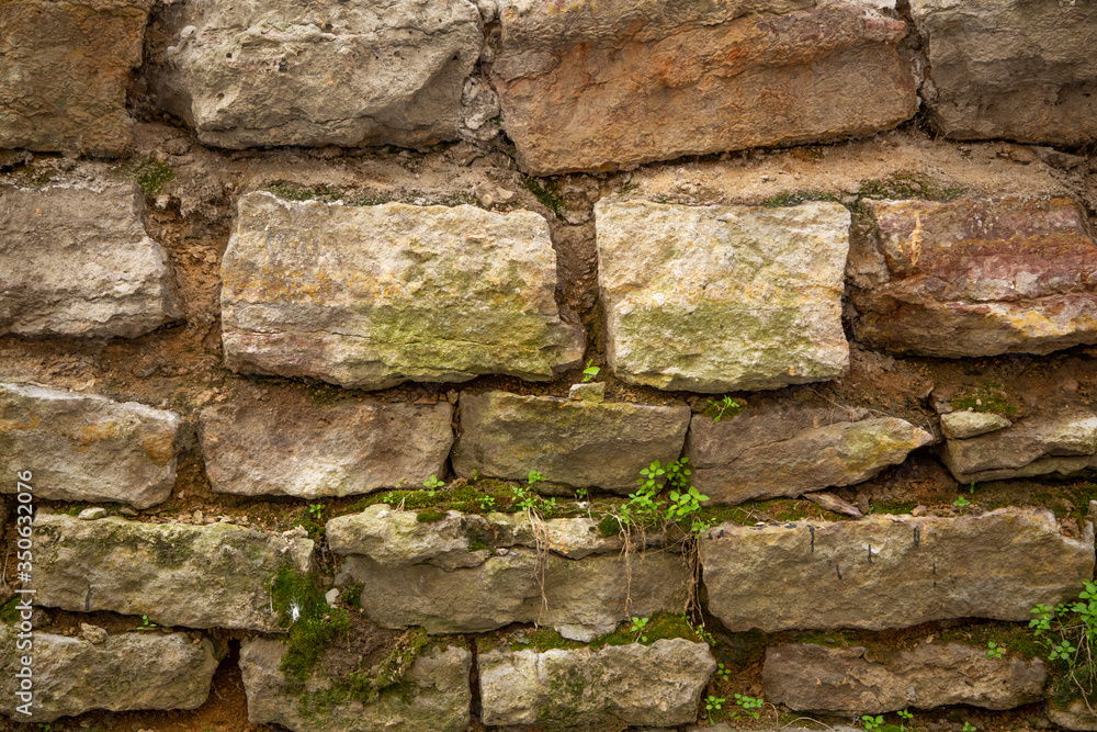 Obraz premium Old city wall of stone bricks with relief. Bricks with sprouted grass are laid in horizontal rows. Texture, background. Mock up. 