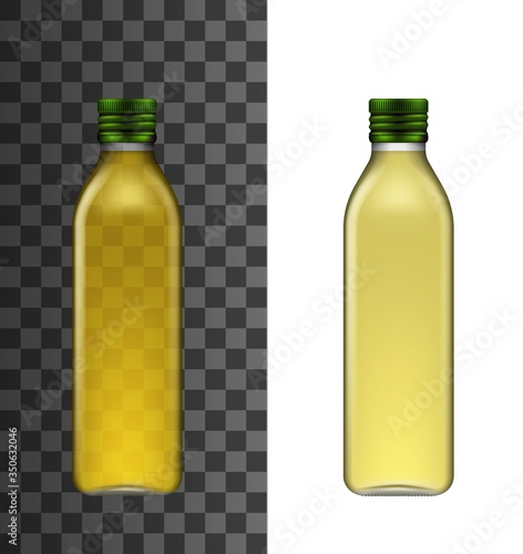 Olive oil bottle isolated realistic vector 3d mockup. Glass narrow high bottle with short neck and green screw cap, extra virgin olive or sunflower cooking oil mockup