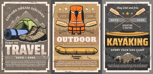 Travel, rafting, trekking and kayaking sports vector posters. Active leisure, camping outdoor adventure. Sport camp or club with travel mat and tents, boat and life vest, kayak and oars
