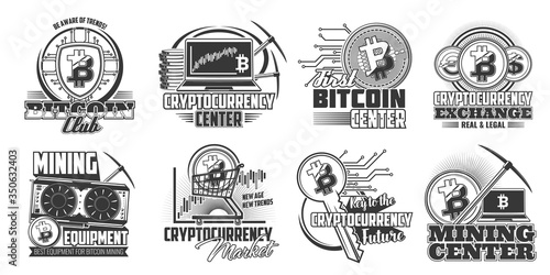 Bitcoin cryptocurrency mining vector icons. Monochrome digital trade service center, currency and exchange isolated symbols. Bitcoin mining equipment and technology icons