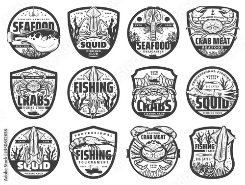 Sea fishing sport isolated icons, monochrome vector emblems for fishing club, tournament and fishery store. Fisher equipment, sea crab and fugu fish, ocean lobster and squid, shrimp and prawn