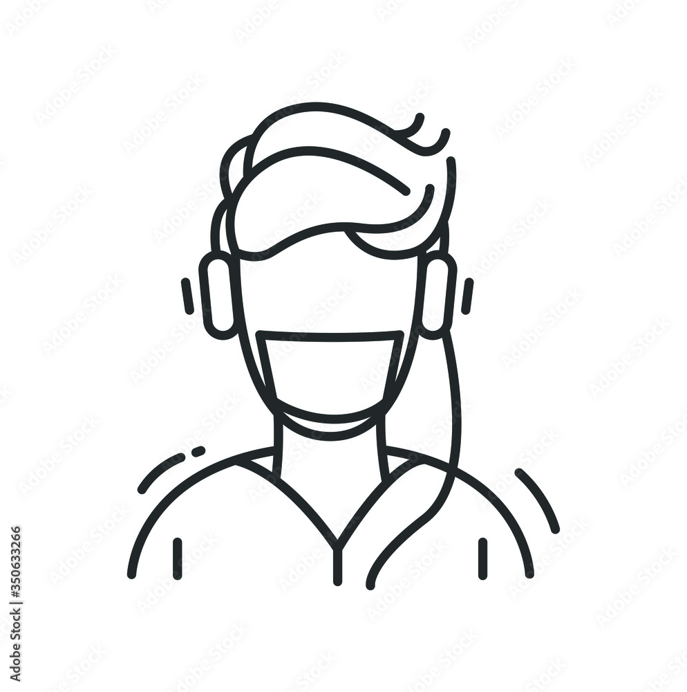 A child in a face protection mask line icon.Guy listening to music uses a medical mask to protect himself from flu, coronavirus and air pollution. Isolated vector healthcare illustration.
