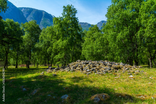 ancient viking grave in a forest in Norway near the town of Eidfjord