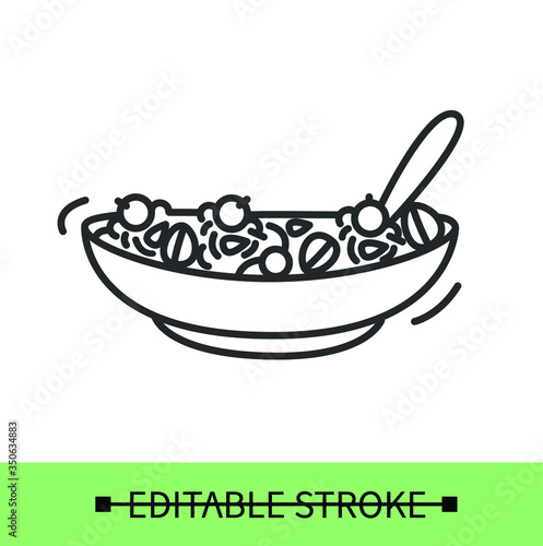 Granola line icon.Healthy breakfast yogurt or milk bowl with granola and fruits.Homemade granola recipe.Isolated linear food illustration.Editable stroke

