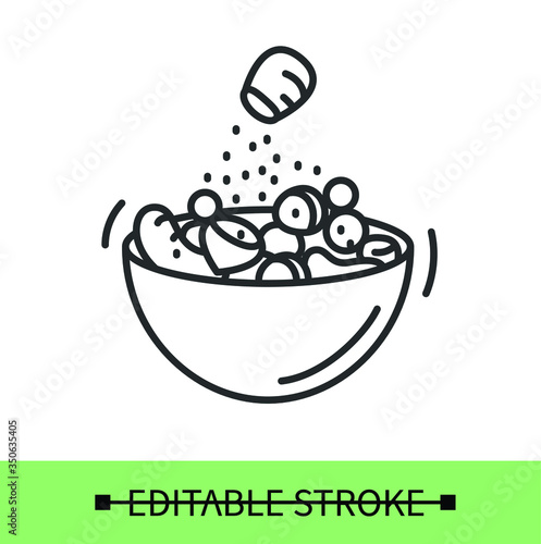 Spiced nuts line icon.Mix of spicy nuts in a bowl.Homemade healthy snacks. Diet and vegetarian easy meal .Isolated linear vector food illustration.Editable stroke