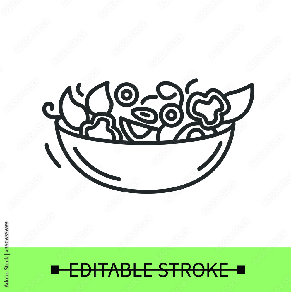 Vegetable salad line icon.Veggie fresh salad with bell pepper in a bowl. Homemade healthy lunch or dinner. Diet and vegetarian recipe.Isolated linear vector food illustration.Editable stroke
Vegetable salad line icon.Veggie fresh salad with bell pepper in a bowl. Homemade healthy lunch or dinner. Diet and vegetarian recipe.Isolated linear vector food illustration.Editable stroke