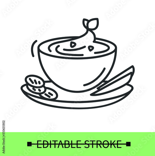 
Hummus line icon.Mashed chickpeas in a bowl.Homemade healthy snack. Diet and vegetarian recipe.Isolated linear vector food illustration.Editable stroke

