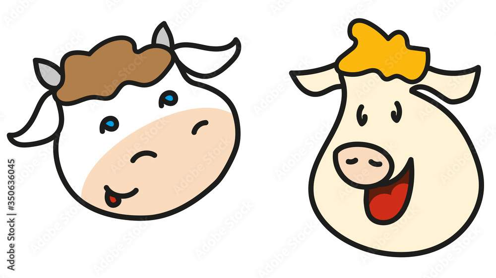 Funny cow and pig faces. Vector illustration cute animals. Handdrawn characters isolated on white background Funny cow and pig faces. Vector illustration cute animals. Handdrawn characters isolated on white background