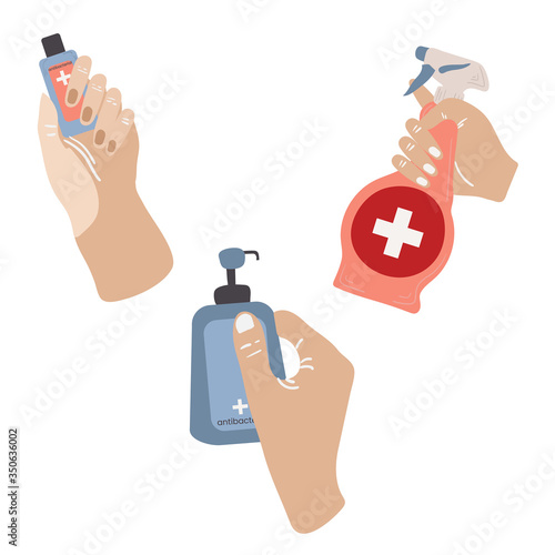 hands holds Anti-Bacterial Sanitizer spray, gel, soap. Hand Sanitizer Dispenser, infection control concept. Sanitizer to prevent colds, virus, Coronavirus, flu. Alcohol spray. Flat vector 