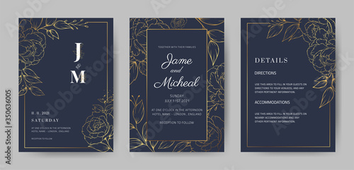 Gold flower wedding invitation card template set with golden rose peony flowers.