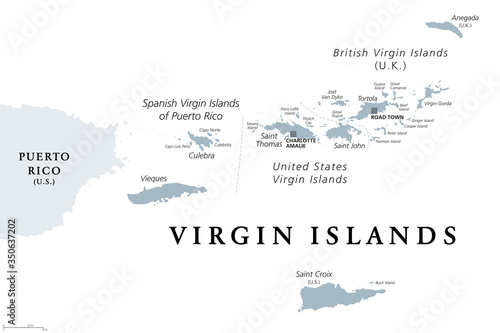 British, Spanish and United States Virgin Islands, gray political map. Archipelago in the Caribbean Sea. British overseas territory and unincorporated territories of the USA. Illustration. Vector.