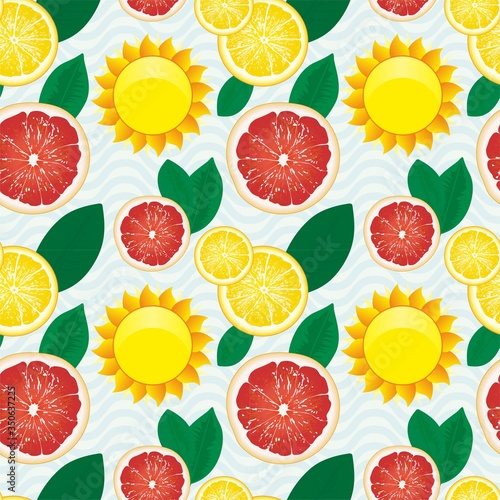 Seamless pattern with slices of lemons, grapefruits and sun. Bright yellow lemon, red grapefruit and Sun. The concept of summer, rest on a nice hot day. Vector illustration.