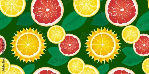 Seamless pattern with slices of lemons, grapefruits and sun. Bright yellow lemon, red grapefruit and Sun. The concept of summer, rest on a nice hot day. Vector illustration.