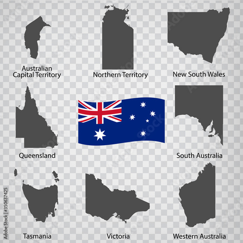 Eight Maps States of Australia - alphabetical order with name. Every single map of  States Australia are listed and isolated with wordings and titles.  EPS 10.