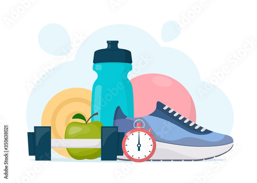 Fitness, sport, diet and healthy lifestyle composition. Training equipment. Running, sport and gym concept illustration. Vector illustration in flat style.