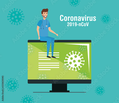 computer with information of 2019 ncov and paramedic vector illustration design