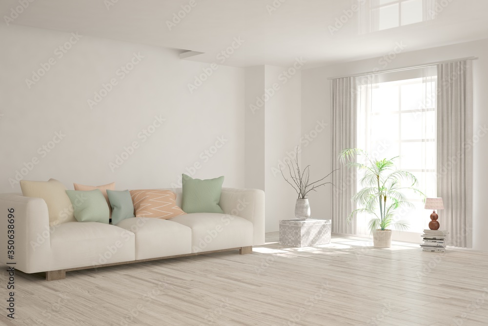 White living room with sofa. Scandinavian interior design. 3D illustration White living room with sofa. Scandinavian interior design. 3D illustration