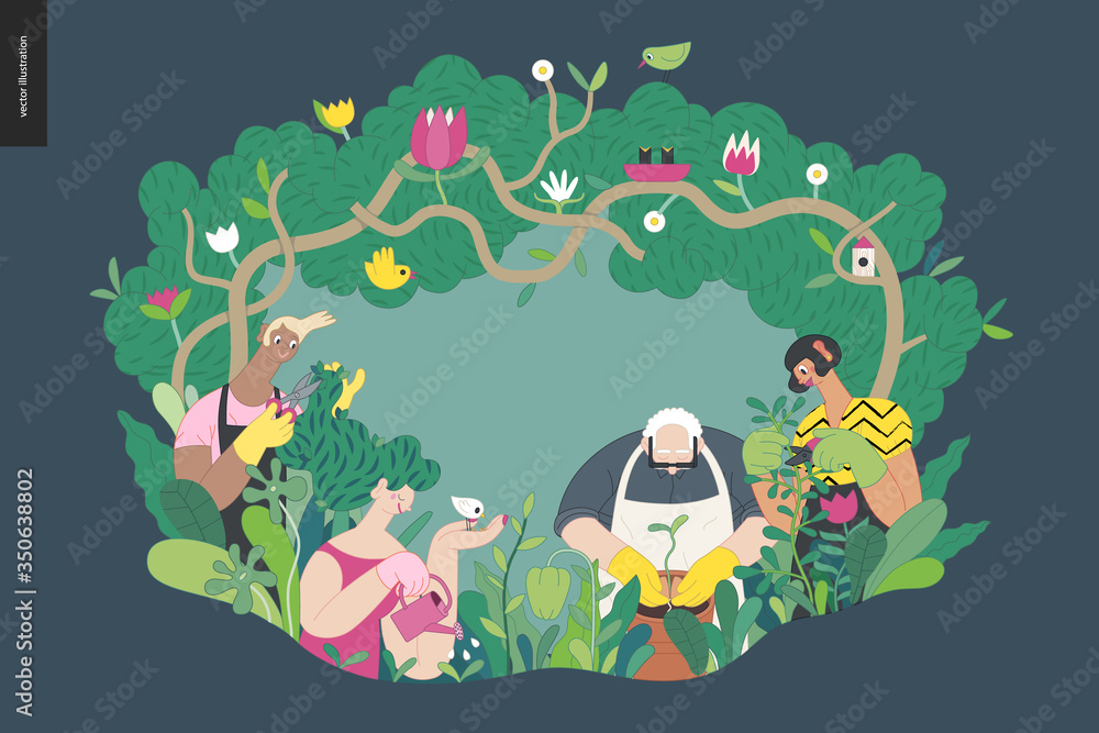 Obraz premium Gardening people, spring - modern flat vector concept illustration of people in the garden wearing aprons and gloves, gardening, watering, planting, cutting branches. Spring gardening concept