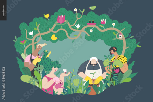Gardening people, spring - modern flat vector concept illustration of people in the garden wearing aprons and gloves, gardening, watering, planting, cutting branches. Spring gardening concept