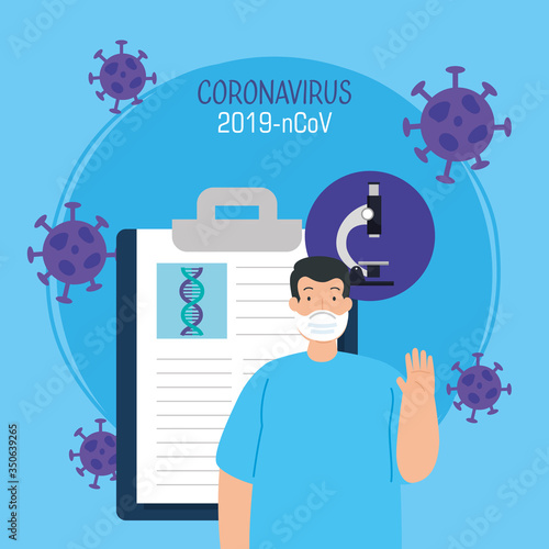 man using face mask with medical icons and particles 2019 ncov vector illustration design