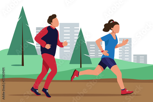 Young man and woman jogging in the park. Healthy lifestyle and fitness concept. Outdoor strength training. Vector flat illustration.
