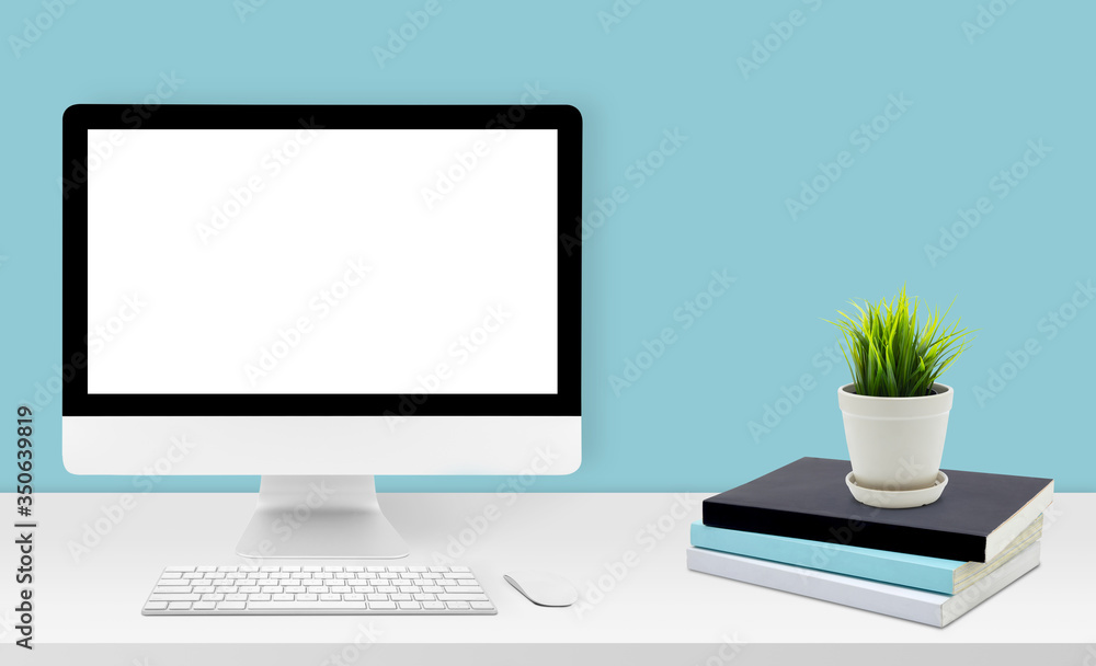 Mockup desktop computer display blank screen on desk in office, workspace with mock up computer screen empty and keyboard, mouse, plant and copy space on table in home, business presentation concept. Mockup desktop computer display blank screen on desk in office, workspace with mock up computer screen empty and keyboard, mouse, plant and copy space on table in home, business presentation concept.