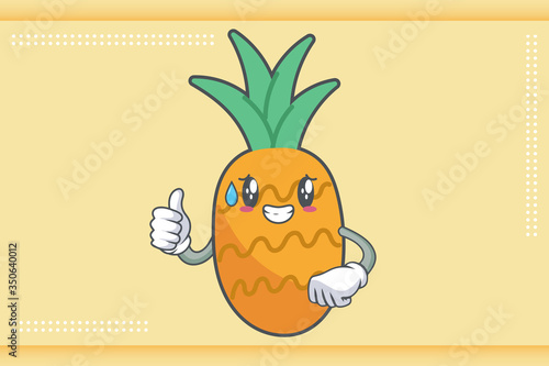 NERVOUS, PHEW, DISAPPOINTED, RELIEVED Face Emotion. Thumb Up Hand Gesture. Pineapple Fruit Cartoon Drawn Mascot Illustration.