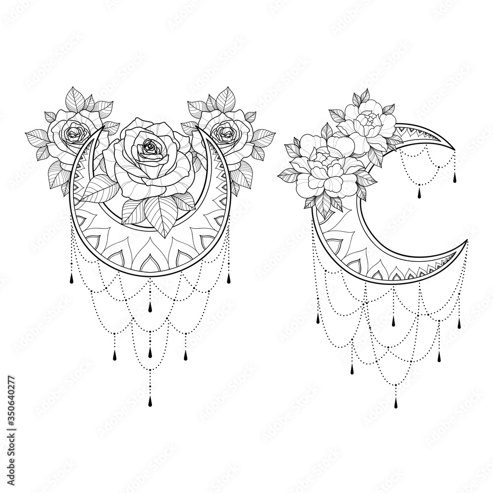 Set of two ethnic mandalas with moon and flowers for greeting card ...