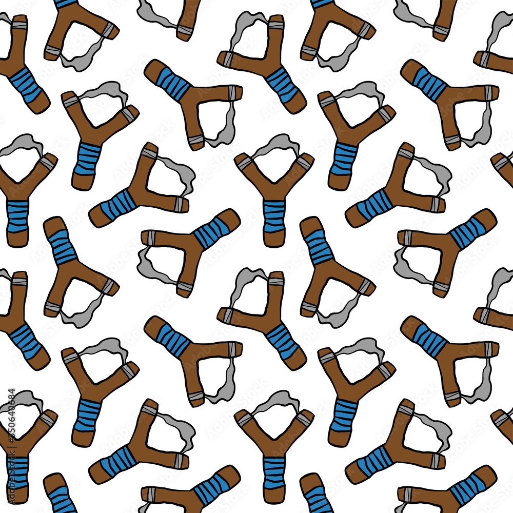 Cartoon wooden slingshot isolated on white background. Seamless pattern