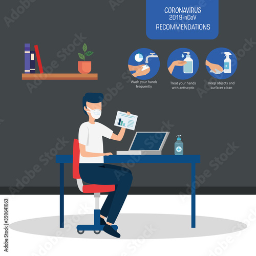 campaign of recommendations of 2019 ncov at office with man and icons vector illustration design