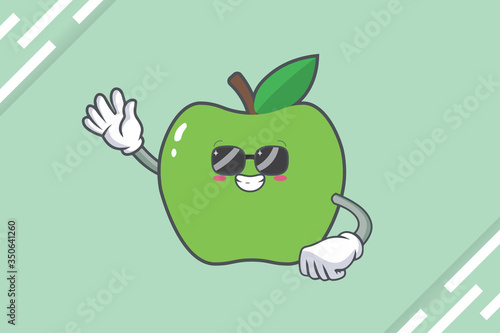 RELAXED, GLASSES, COOL Face Emotion. Waving Hand Gesture. Green Apple Mascot Illustration.