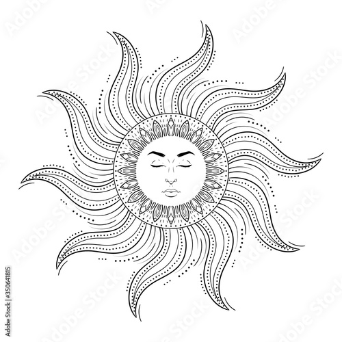Sun with human face on white background, vintage mystic symbol art. Vector illustration