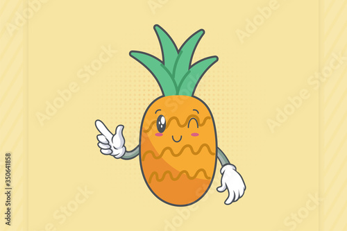 WINK, SMILING, cheerful, Smiling Face Emotion. forefinger pointed at Hand Gesture. Pineapple Fruit Cartoon Drawn Mascot Illustration.