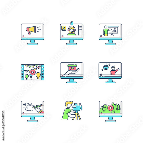 Videography RGB color icons set. Web conference. Internet blogging. Nature documentary film. Concert streaming. TV commercial. Isolated vector illustrations