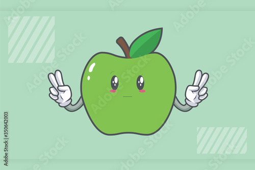 REALLY, ATTENTIVE, Curios Face Emotion. Double Peace Hand Gesture. Green Apple Cartoon Mascot Illustration.